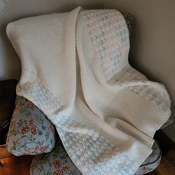 Handmade Afghan Baby Blanket Blue, Pink, Yellow - Picture 2 of 5